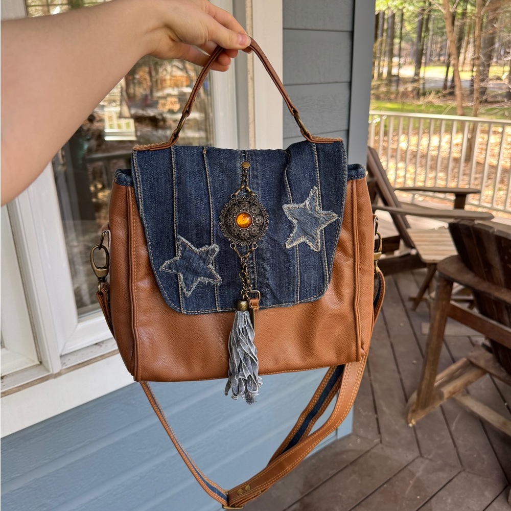 Brown and Blue Star-Embellished Women's Bag